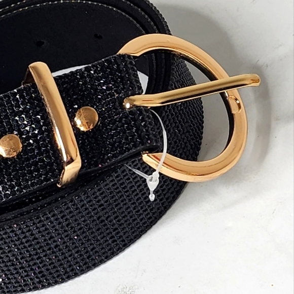 Vera Black Rhinestones Belt with Gold Round Buckle 43" - Picture 7 of 8